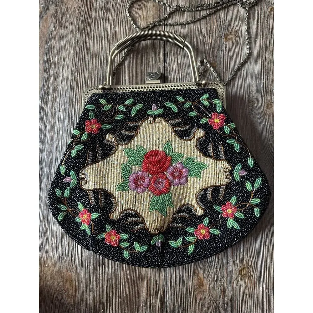Vintage Hand Beaded Purse Black Colorful Roses Bag 1950 1960 flapper party - Picture 6 of 16